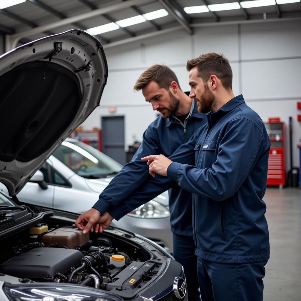 Mechanic explaining car repair process to customer.