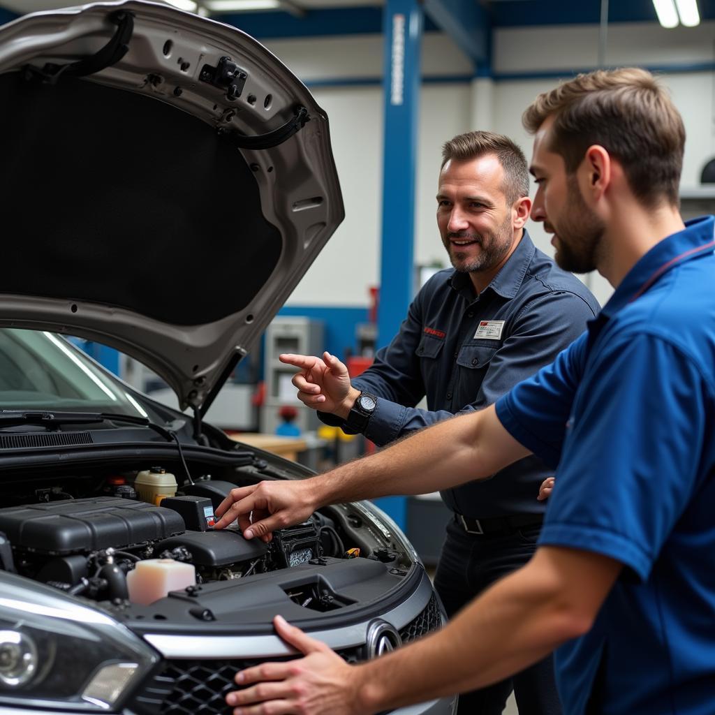 A mechanic explaining car repair details to a customer in Butler, KY