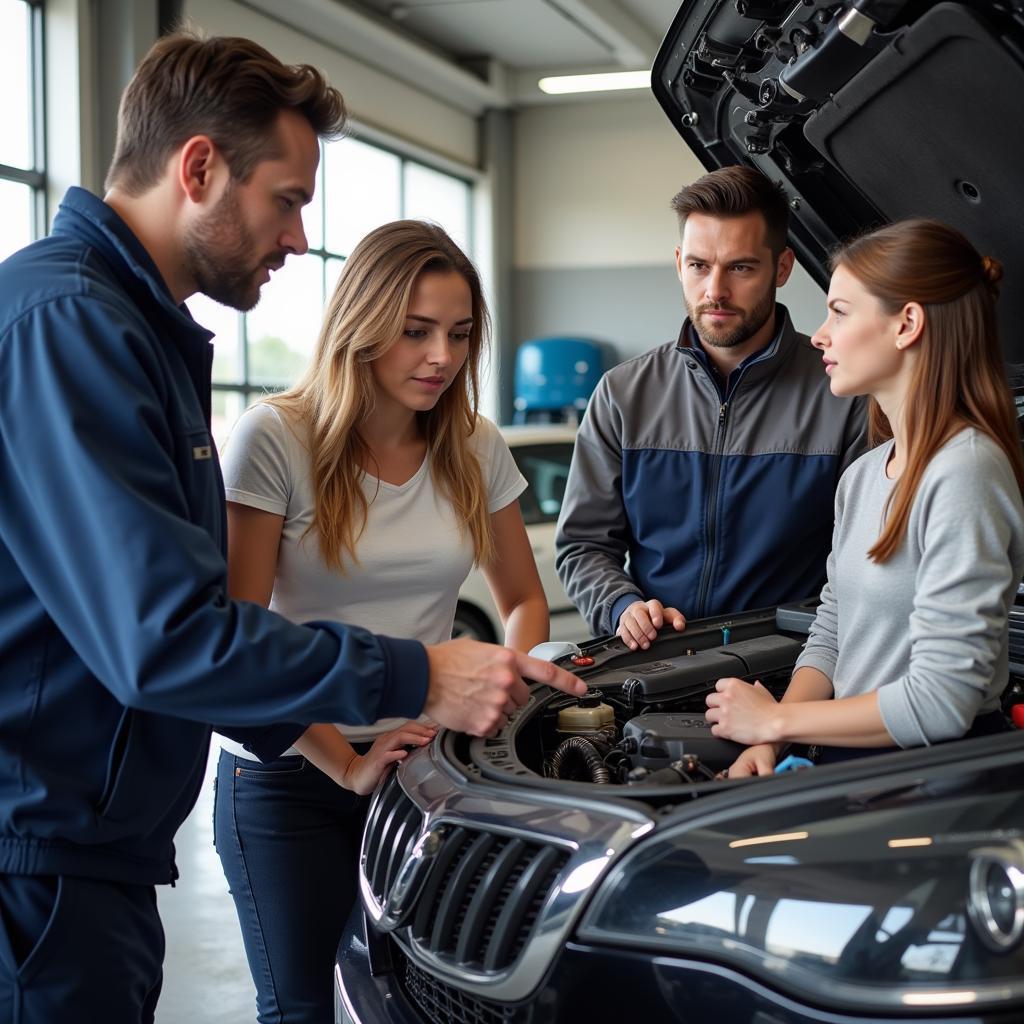 Mechanic explaining car repair to a family