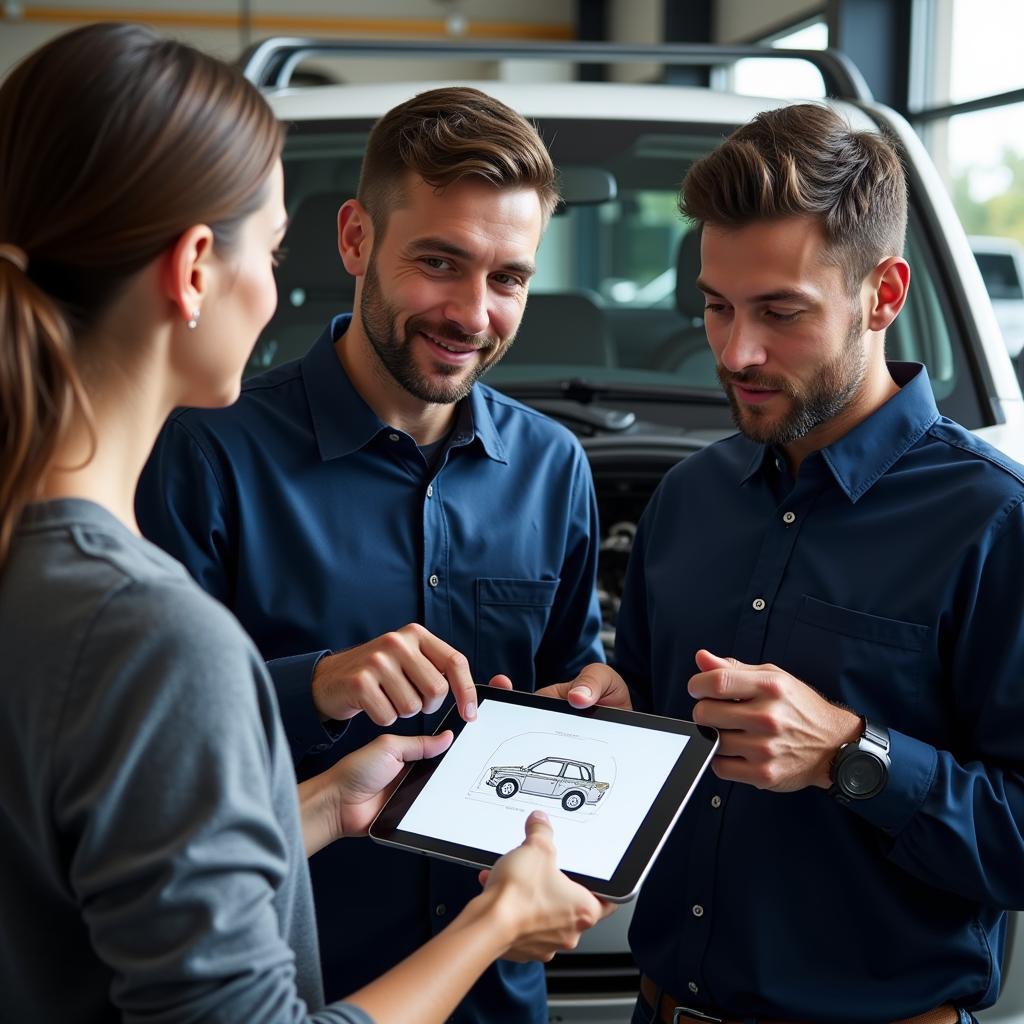 Mechanic discussing auto pro service and repair with a car owner