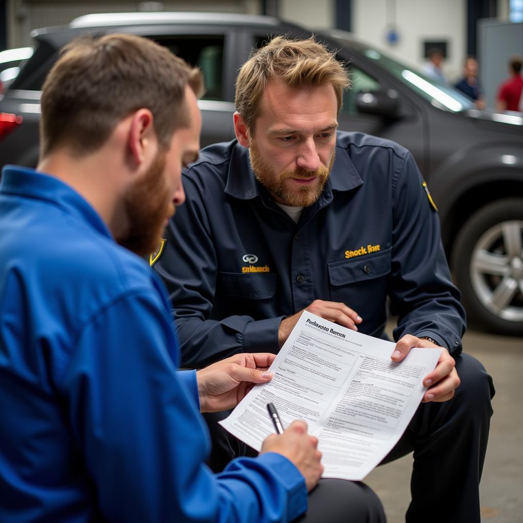 Mechanic explaining the pre-purchase inspection report to a customer.