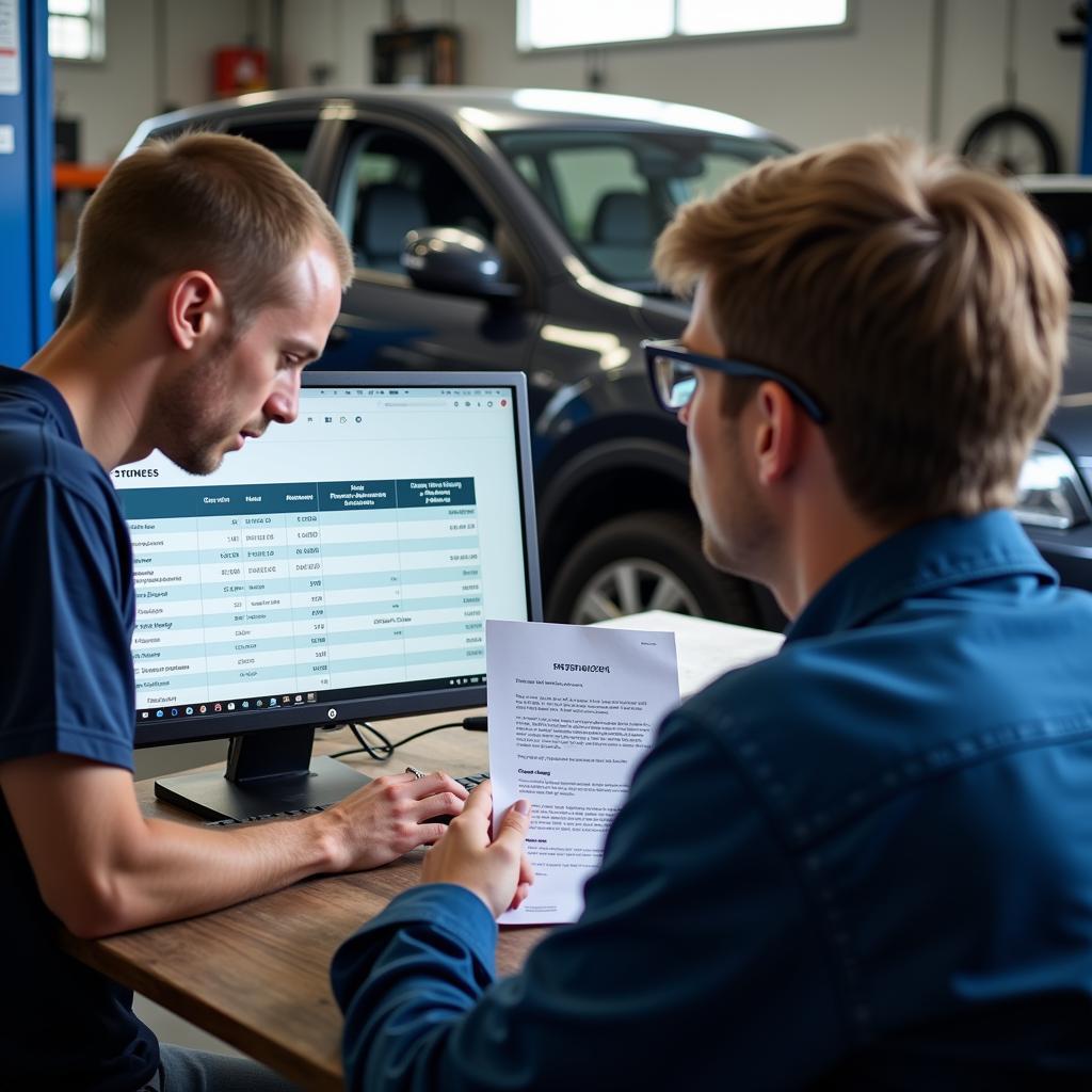 Mechanic explaining a repair estimate to a customer.