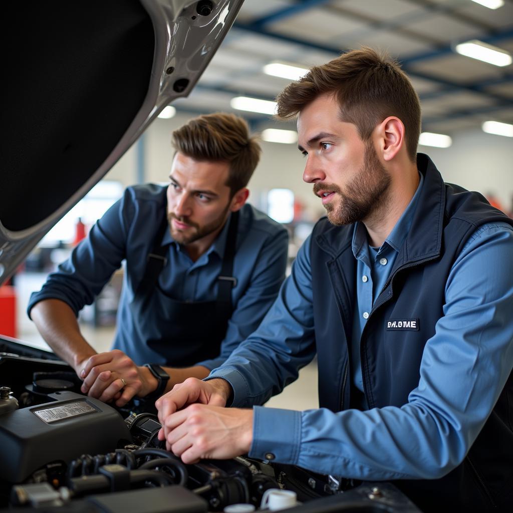 Mechanic clearly explaining the car repair process to a customer