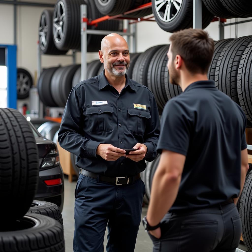 Mechanic explaining tire options to a customer