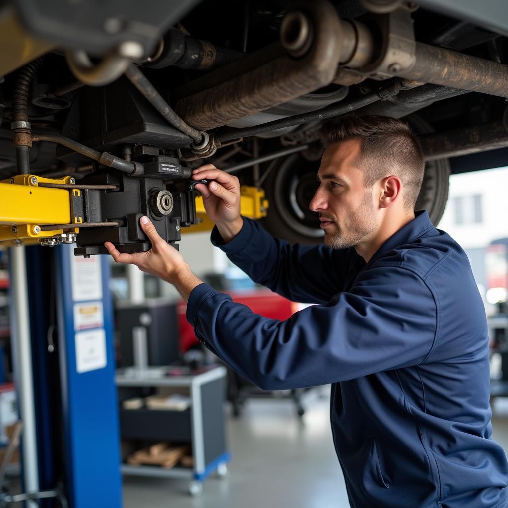 Mechanic Inspecting an Auto Lift for Car Services