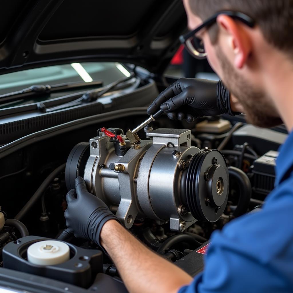 Mechanic Inspecting Car AC Compressor