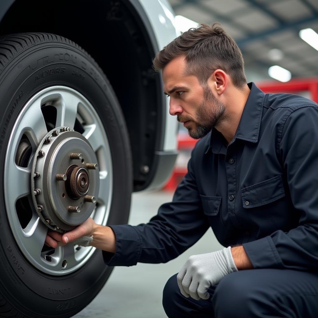 Mechanic inspecting car brakes as part of a total auto repair service