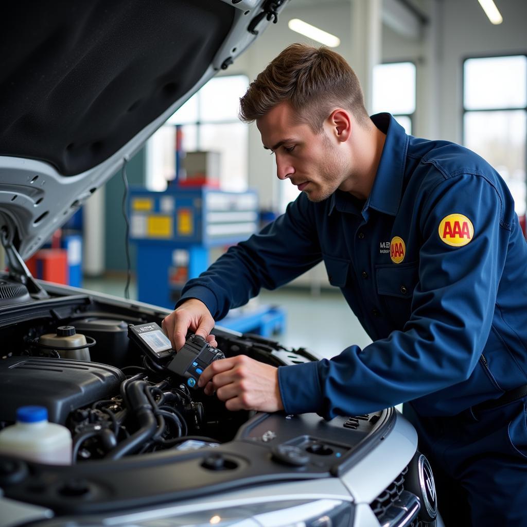 Mechanic Inspecting a Car Engine in an AAA Approved Auto Repair Shop