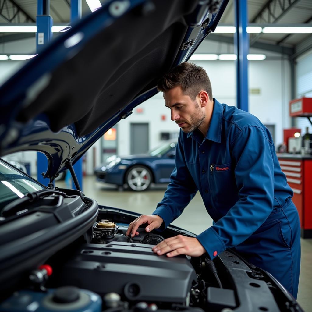 Mechanic Inspecting Car Engine in a Central Auto Repair Shop