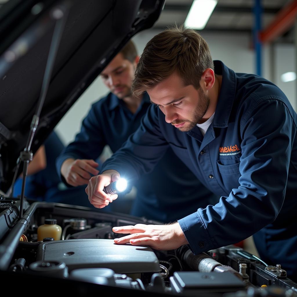 Mechanic inspecting a car engine in a Jamison auto repair shop.