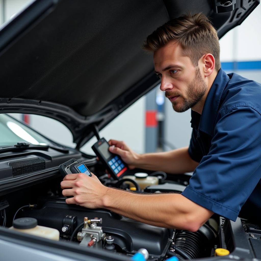 Mechanic Inspecting Car Engine for Professional Assessment