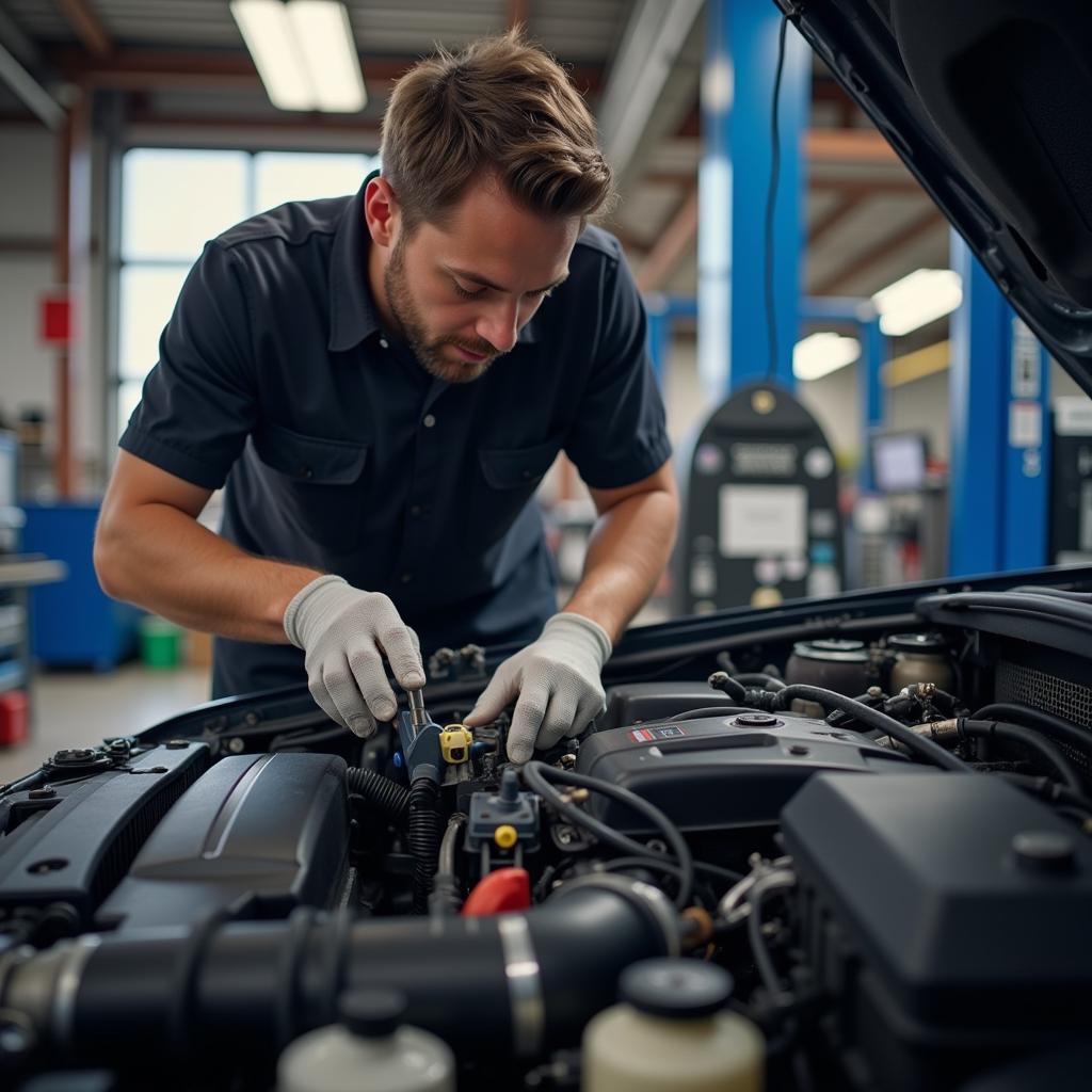 Mechanic Inspecting Car Engine in Rochester MI