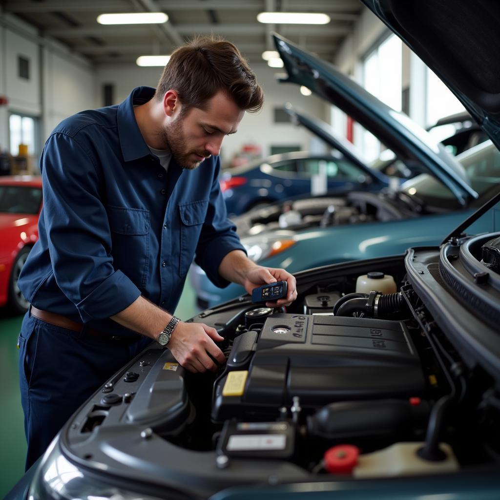 Experienced Mechanic Inspecting Car Engine in San Francisco Auto Repair Shop