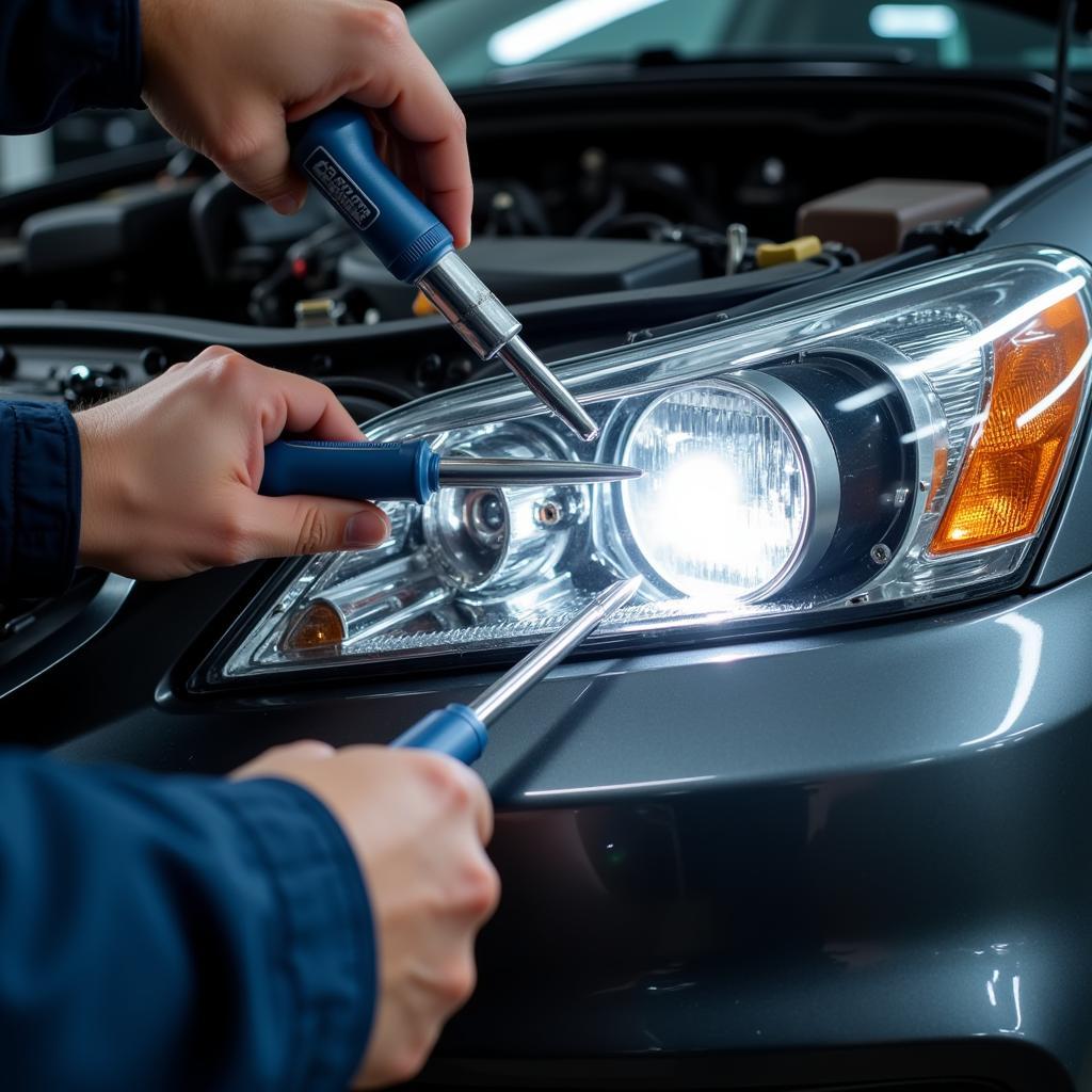 Mechanic Inspecting Car Headlights