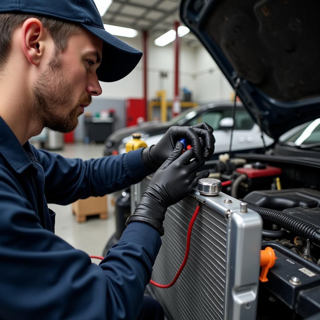 Mechanic Inspecting a Car Radiator