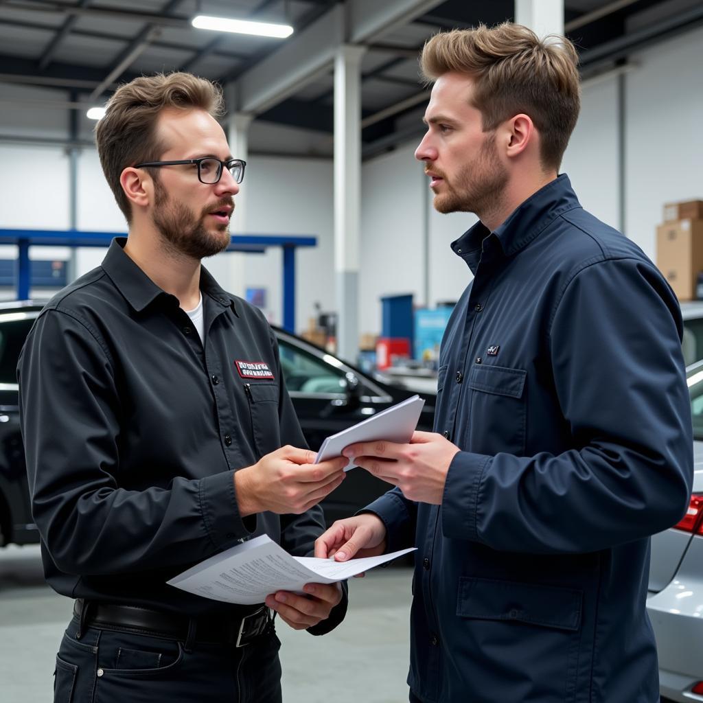 Mechanic Inspecting a Car with a Customer