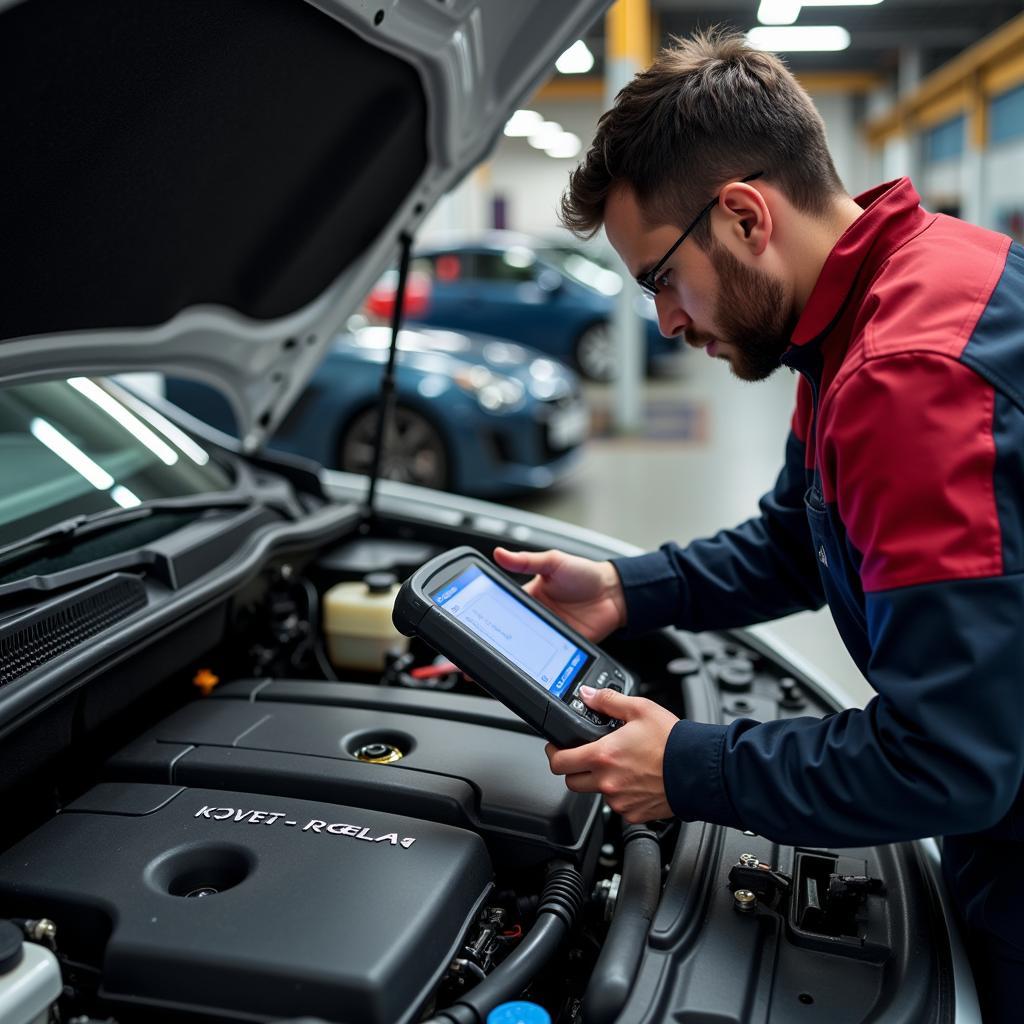 Mechanic Inspecting Engine with Diagnostic Tool