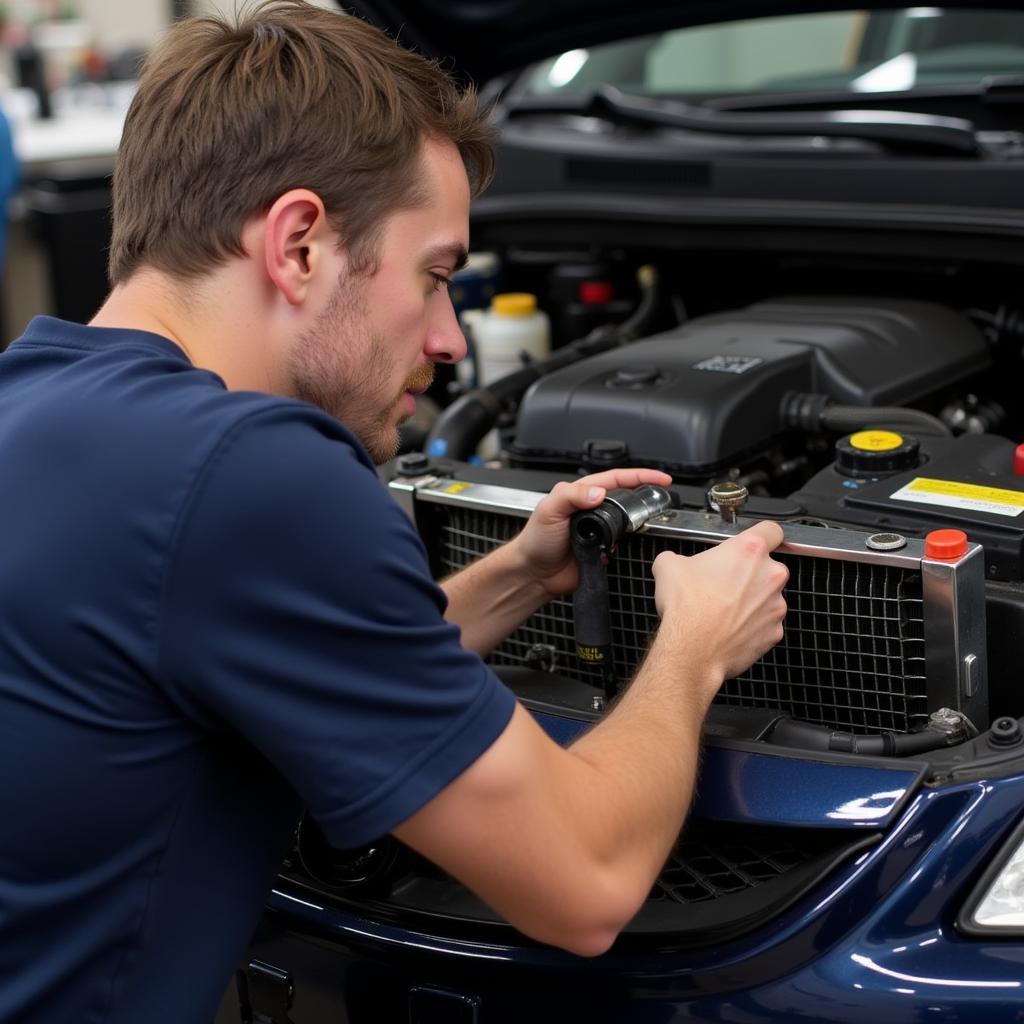 Mechanic Inspecting a Car Radiator