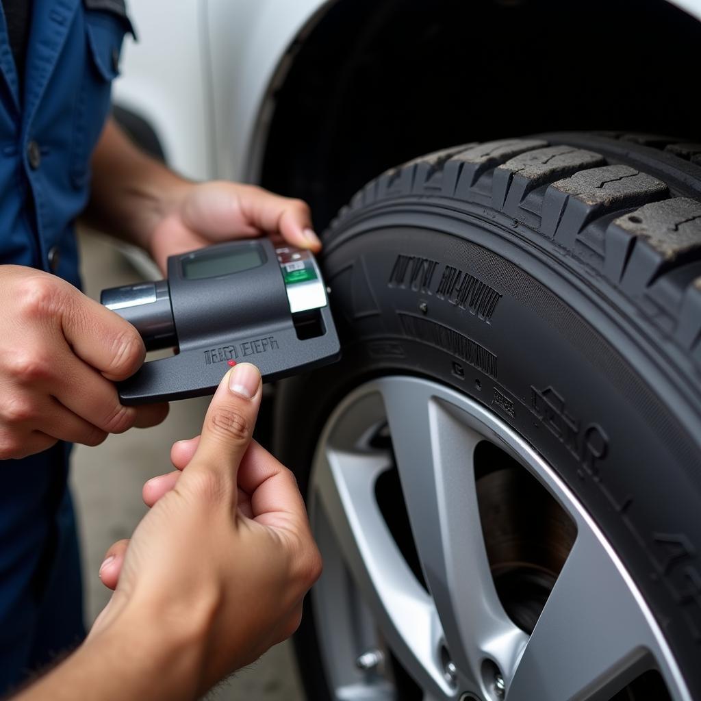 Mechanic Inspecting Tire Tread Depth