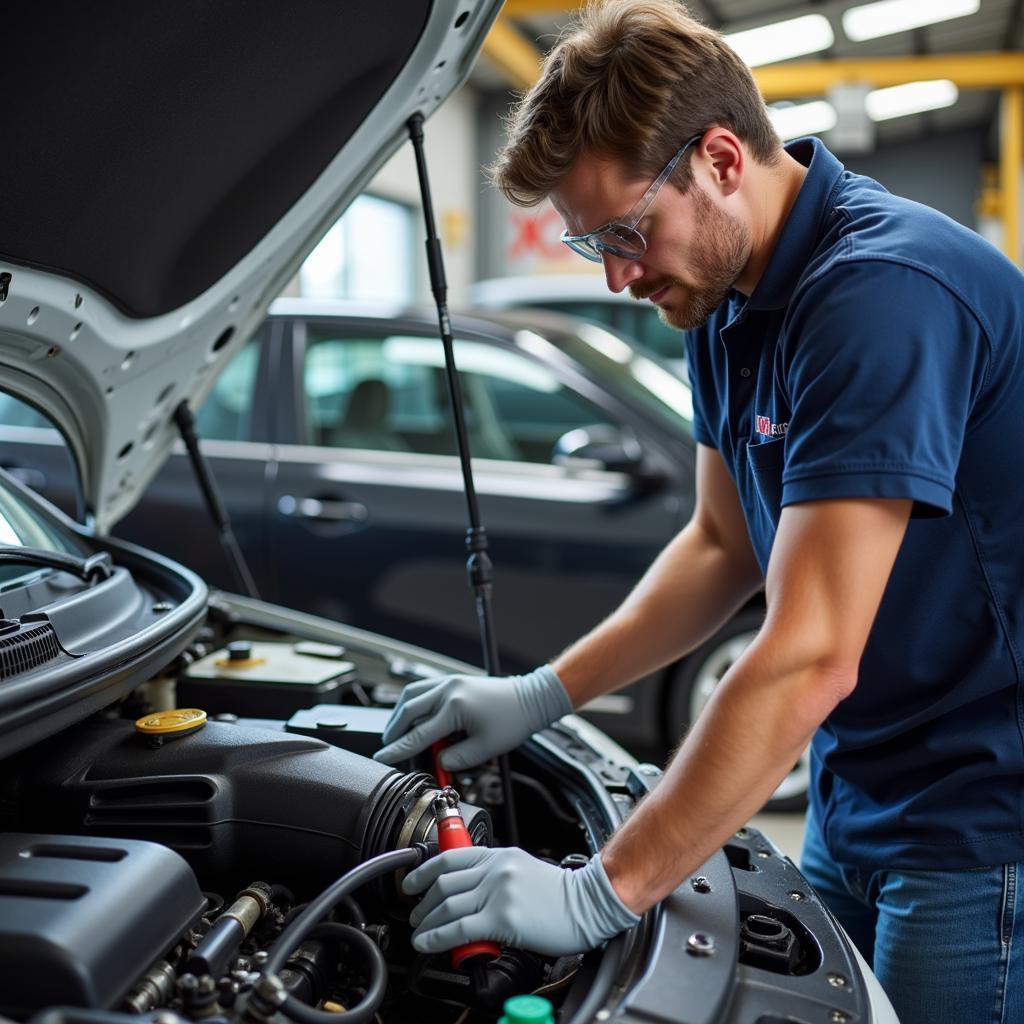 Mechanic Performing Auto AC Service