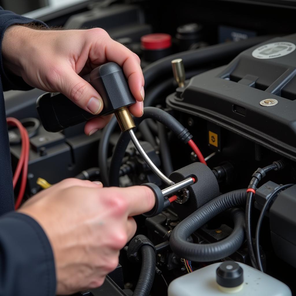 Mechanic repairing auto electronic wiring