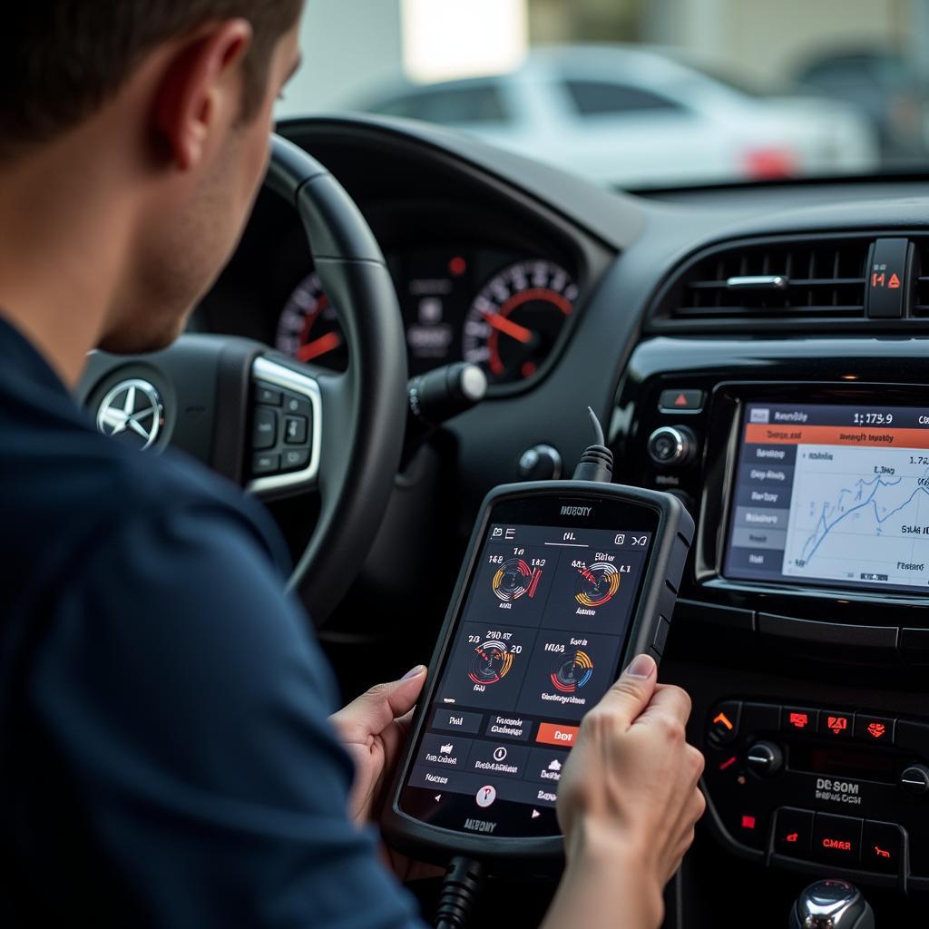 A mechanic using diagnostic equipment on a car