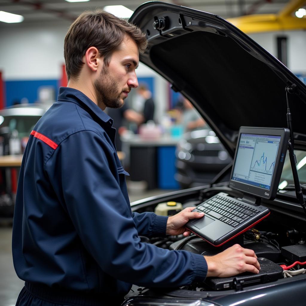 Mechanic using diagnostic equipment on a car in Olathe, KS