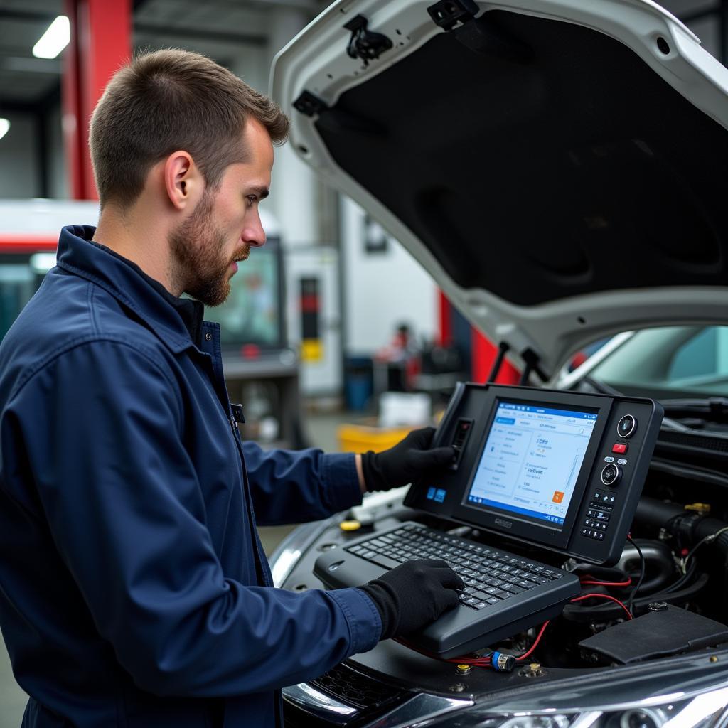 Mechanic Performing a Diagnostic Check on a Car Using Specialized Equipment