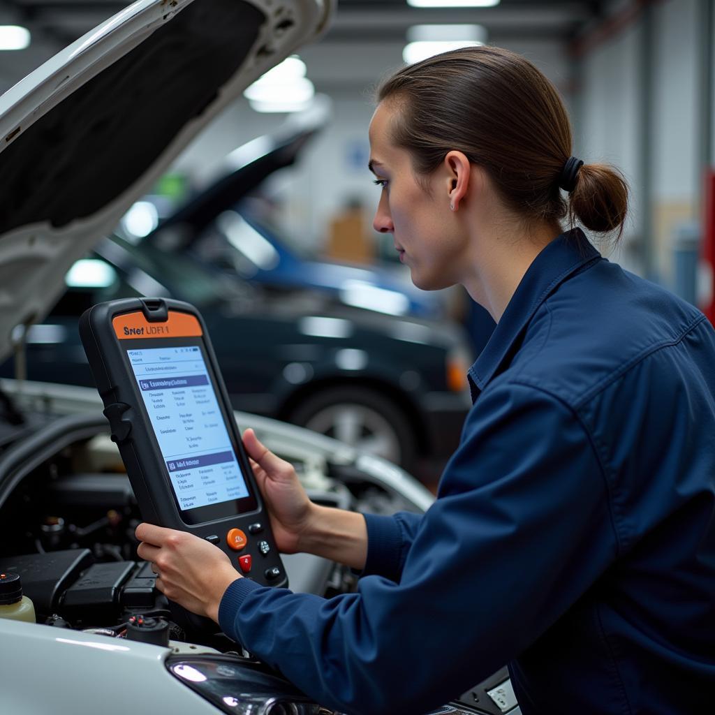 Mechanic performing a diagnostic scan on a car in a Boston auto service center