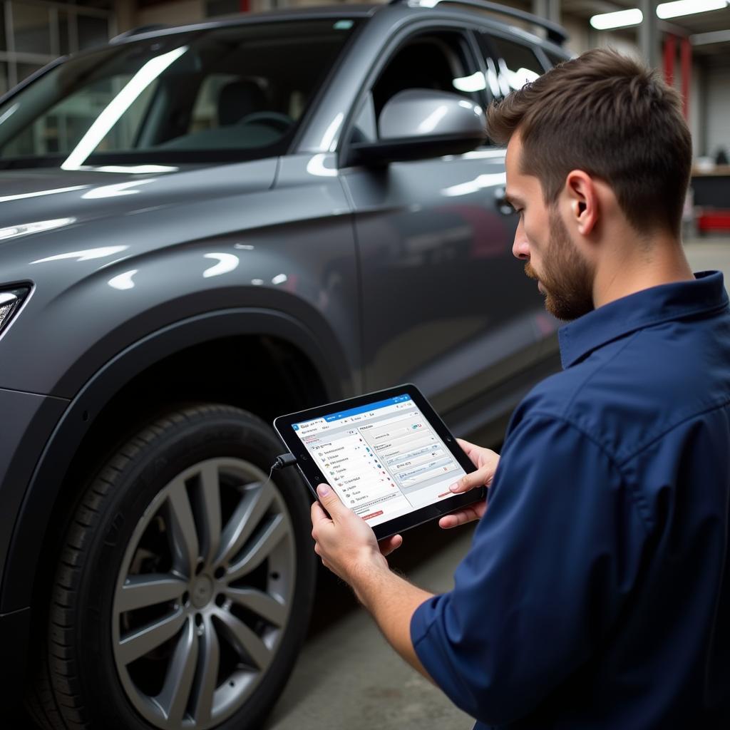 Mechanic Performing Diagnostics Using a Tablet