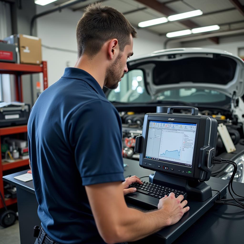 Mechanic performing engine diagnostics using specialized equipment in a modern auto shop on Grace Street