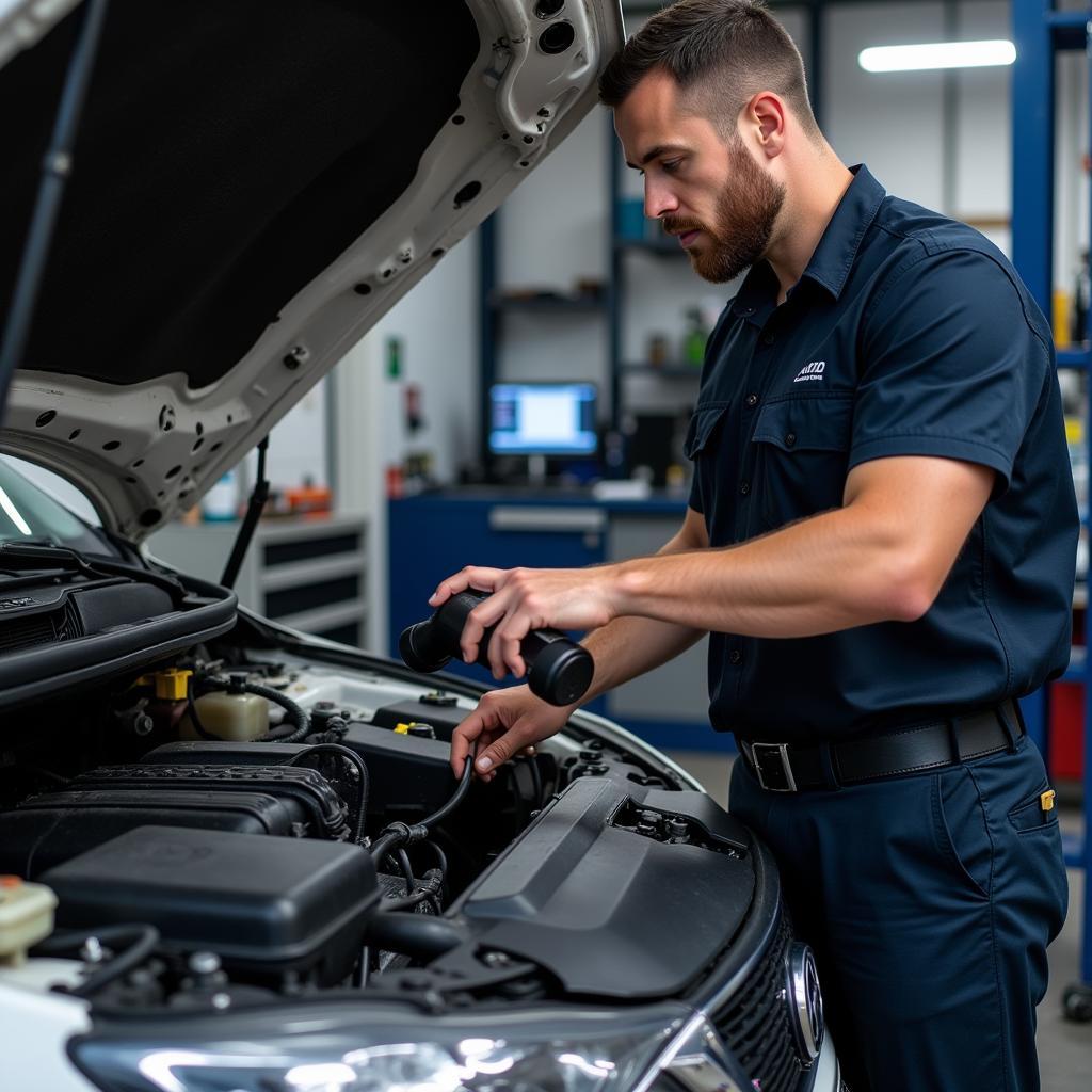 Mechanic Performing Engine Diagnostics on a Car