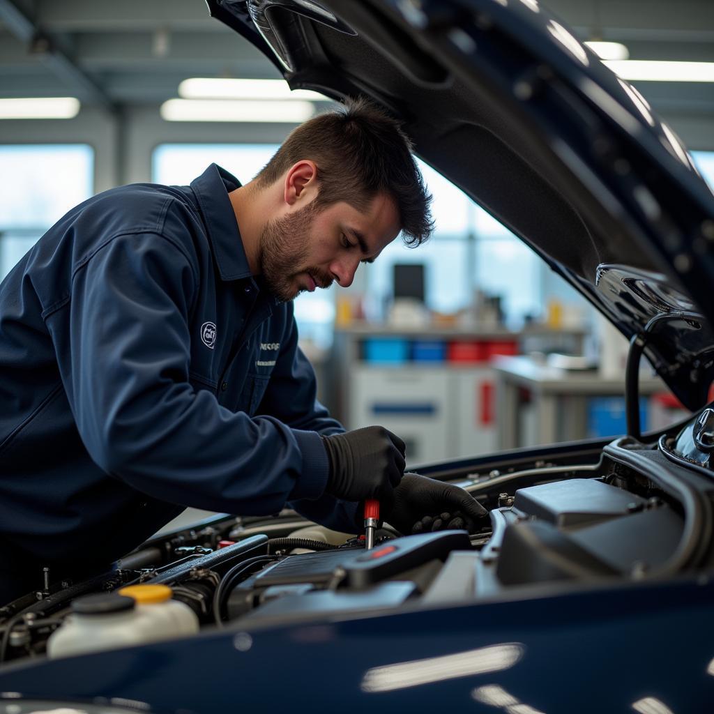 Mechanic Performing Engine Repair in Auto Service Zentrum