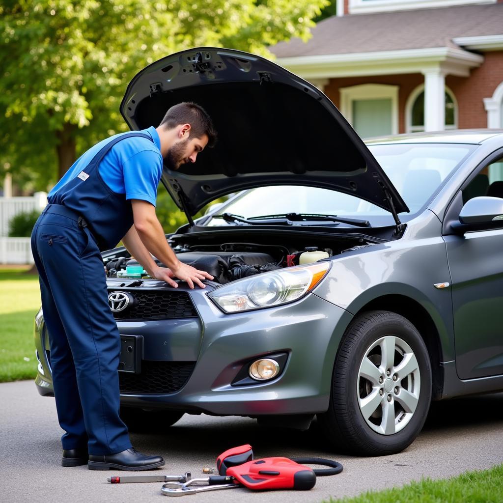 Mechanic performing home service on a car