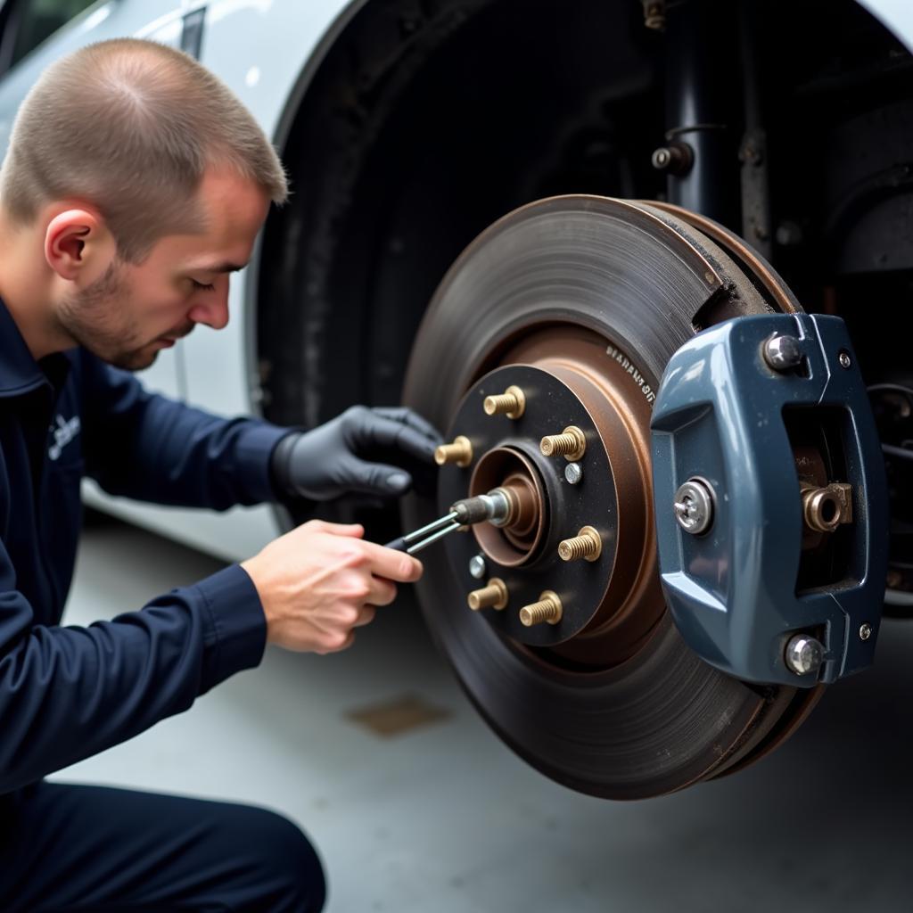 Mechanic Performing J & S Auto Service on Brakes