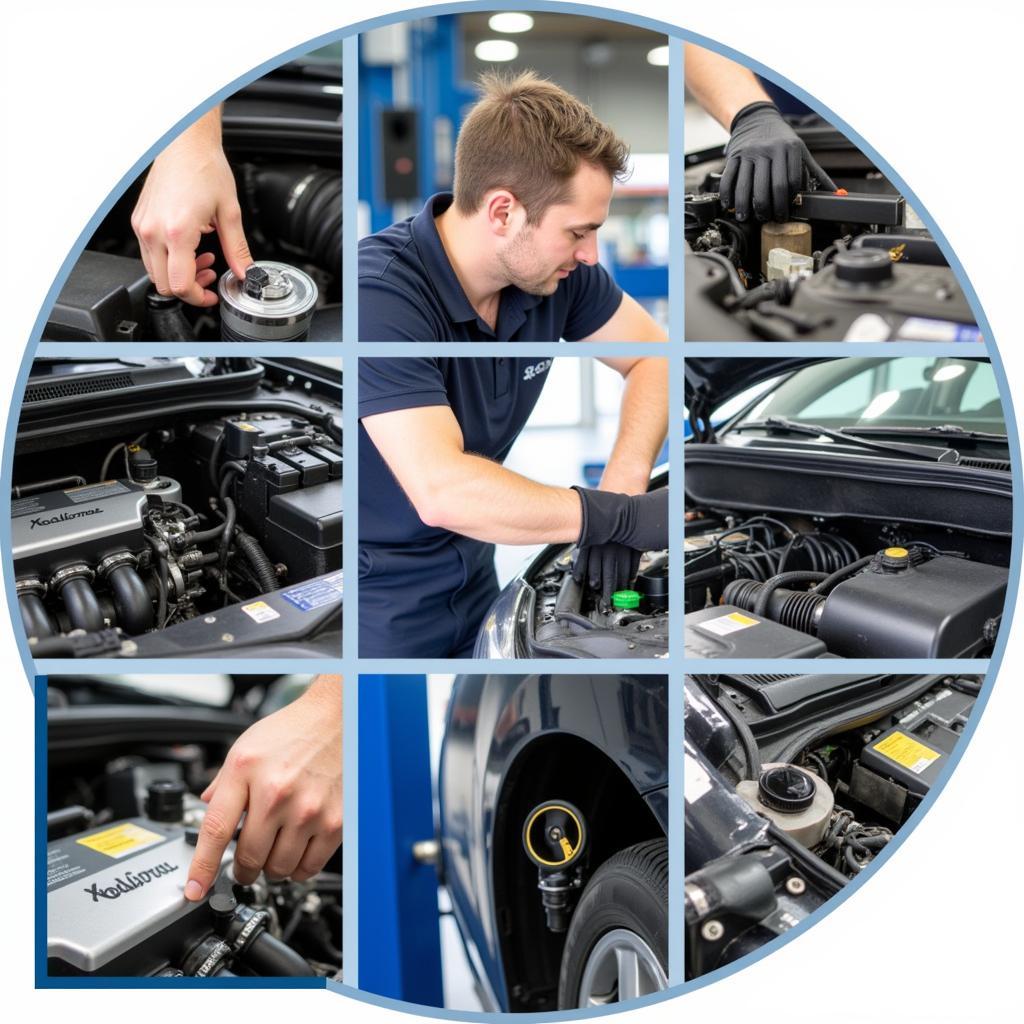 A skilled mechanic diligently performing routine maintenance on a vehicle, including checking fluids and inspecting components.