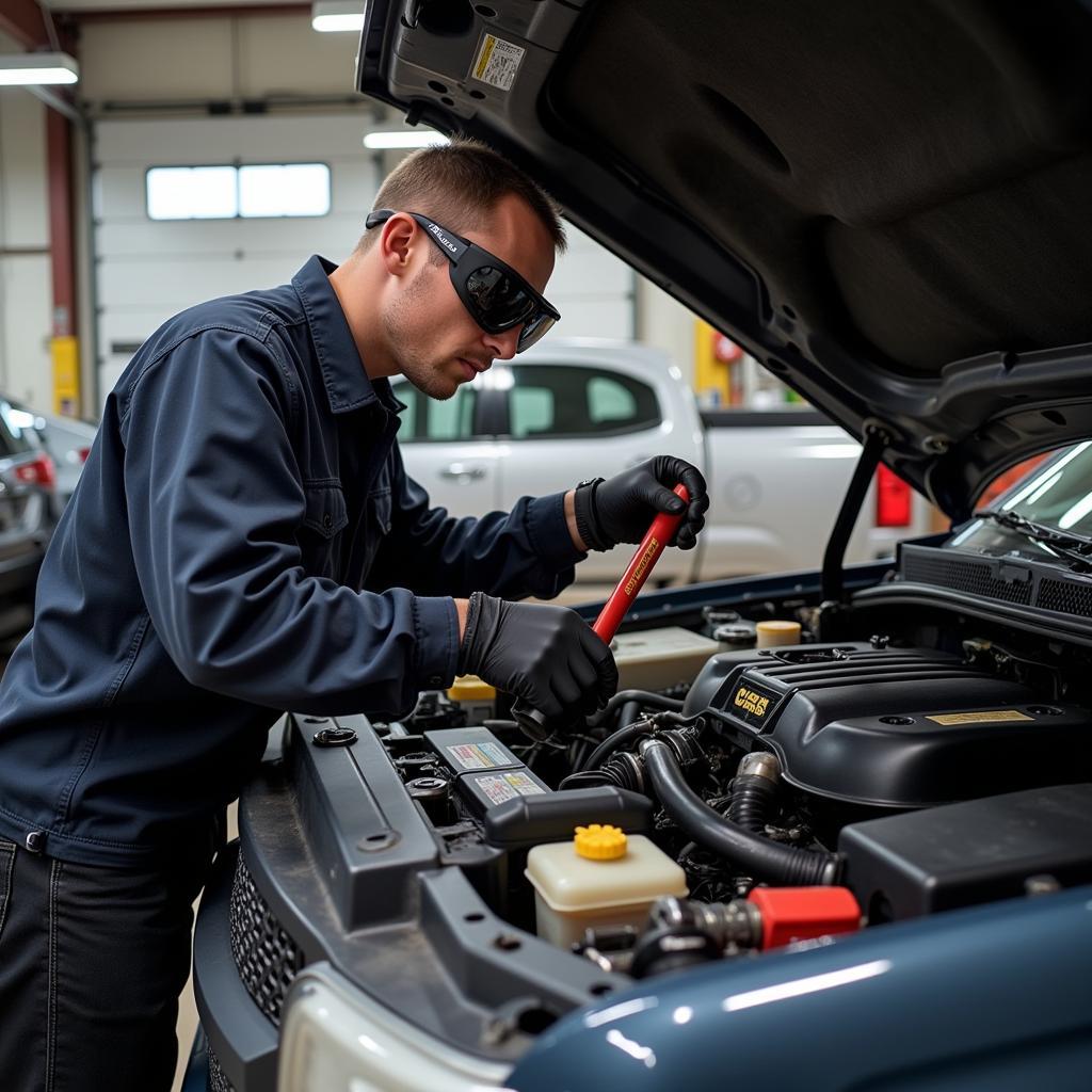 A Mechanic Performing Routine Maintenance on a Chevy Engine