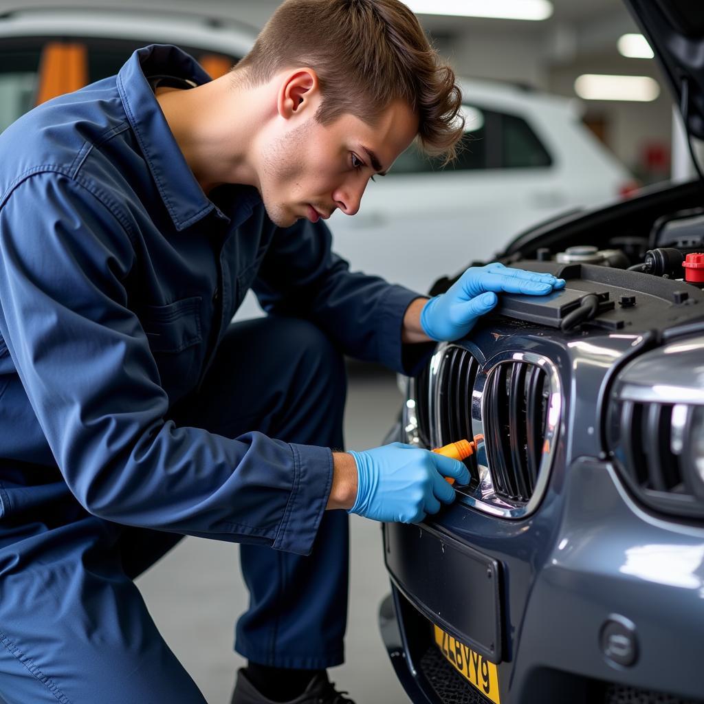 Mechanic Performing Routine Maintenance on European Car