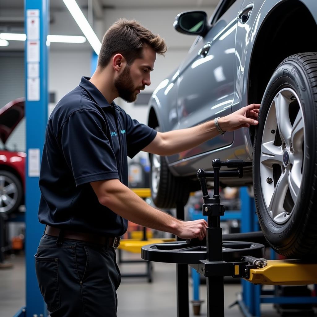 Mechanic Performing Wheel Alignment