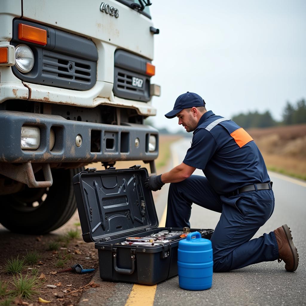 A mechanic providing roadside assistance to a commercial truck in Virginia.