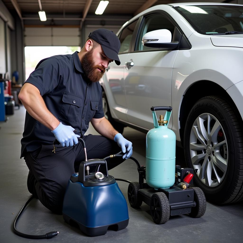 Mechanic Recharging Car AC Refrigerant