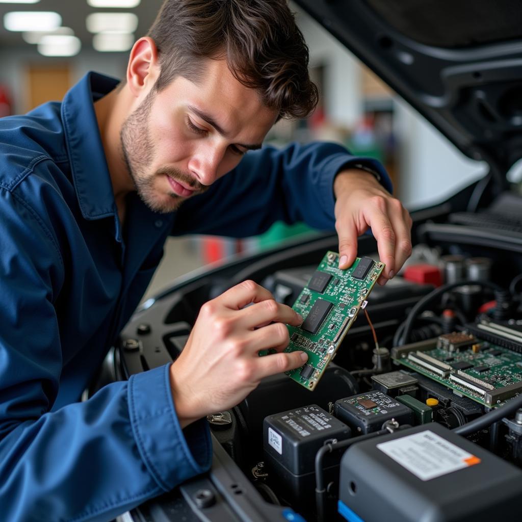 Mechanic Repairing Car Computer