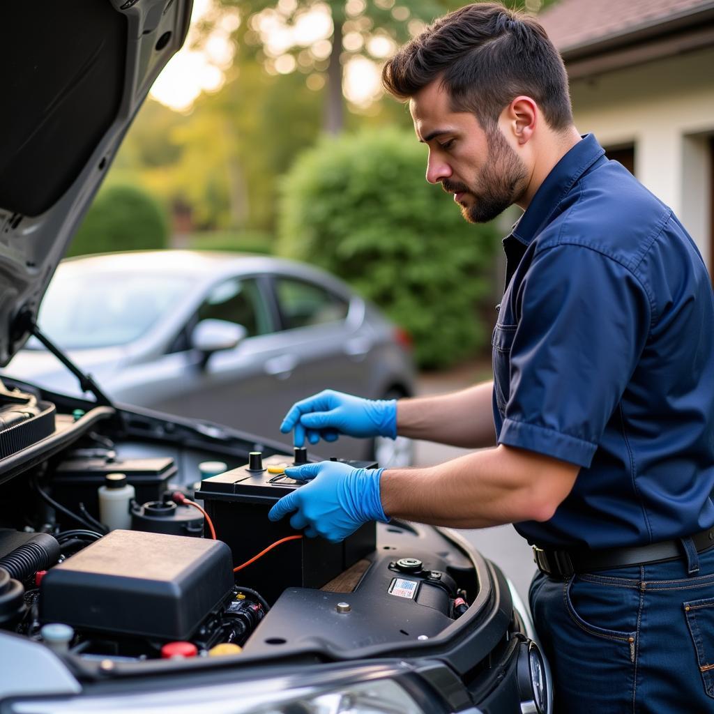 Mechanic Replacing Car Battery at Home