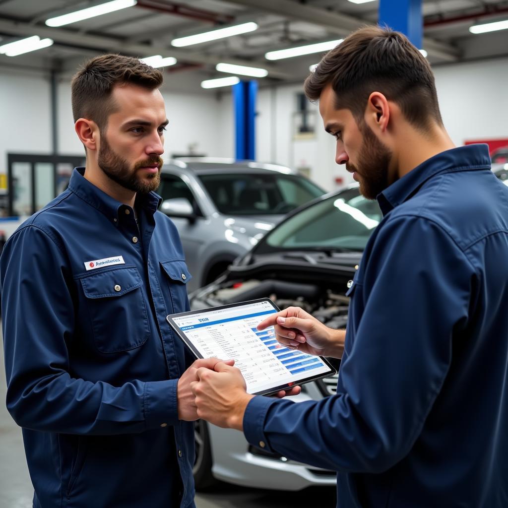 Mechanic Explaining Diagnostic Report to Customer