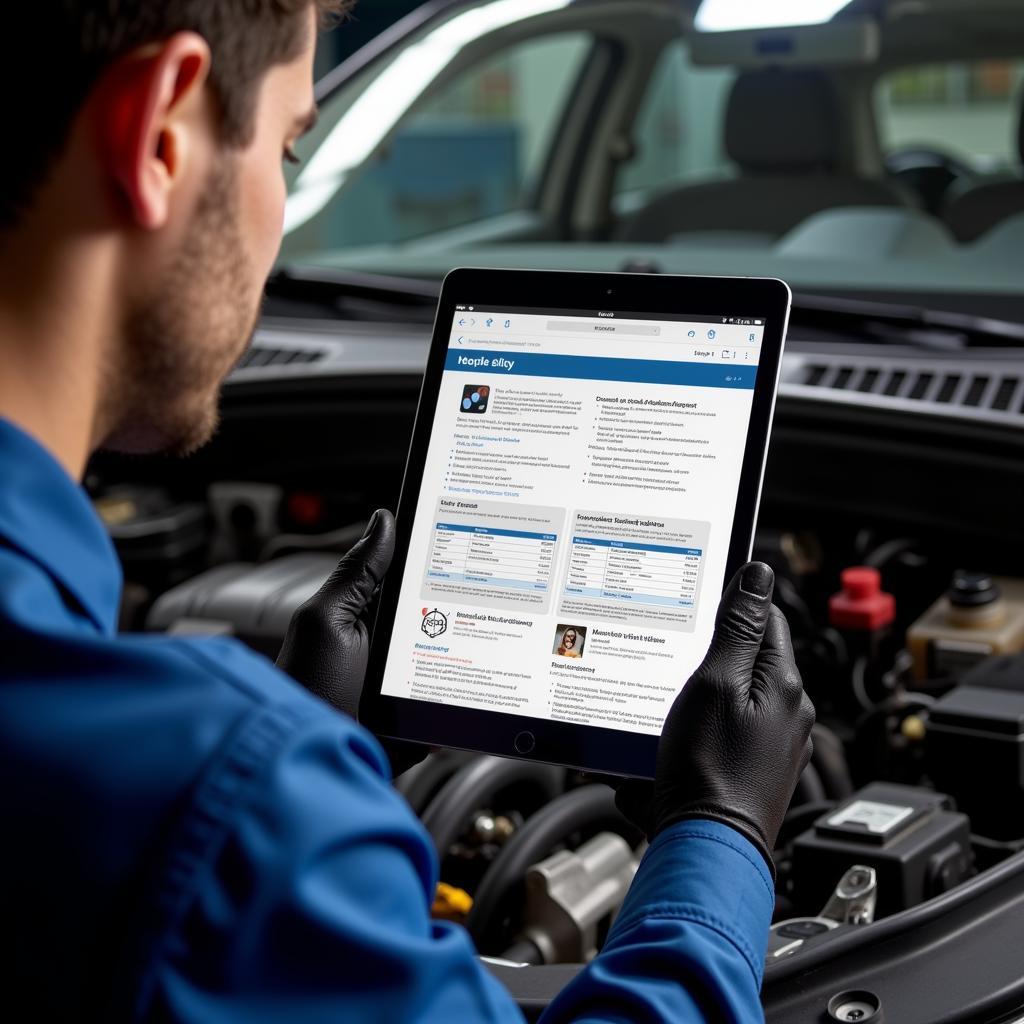 Mechanic showing digital inspection report to customer on a tablet