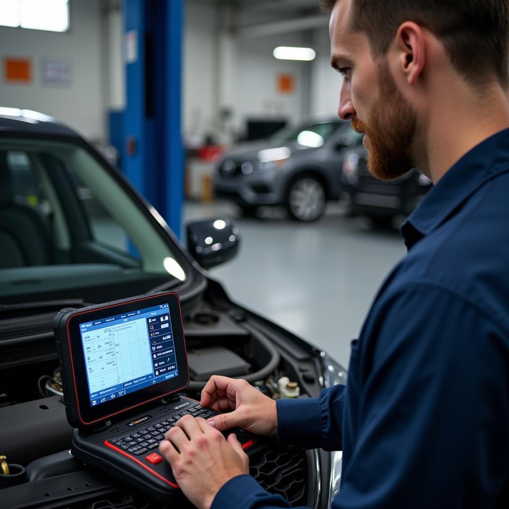 Mechanic demonstrating expertise with diagnostic equipment