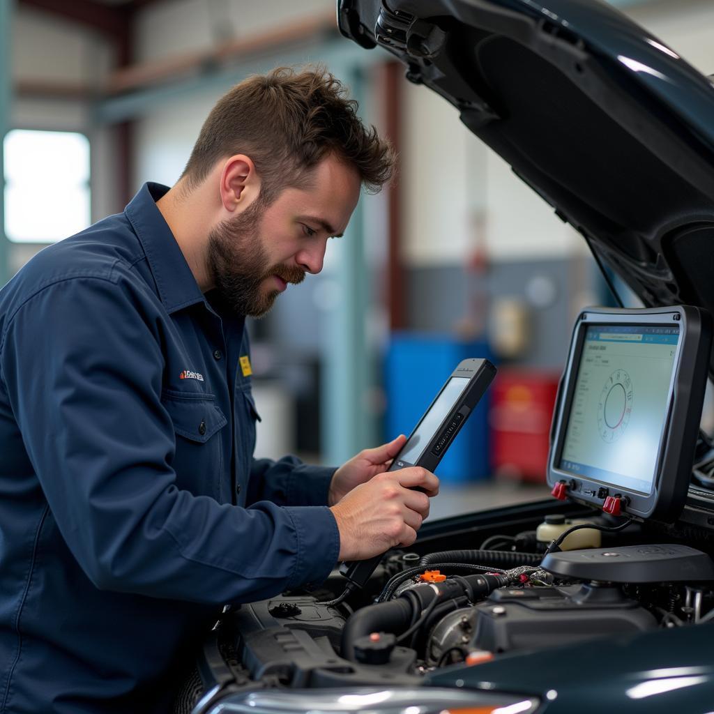 Mechanic Using Diagnostic Equipment on a Car