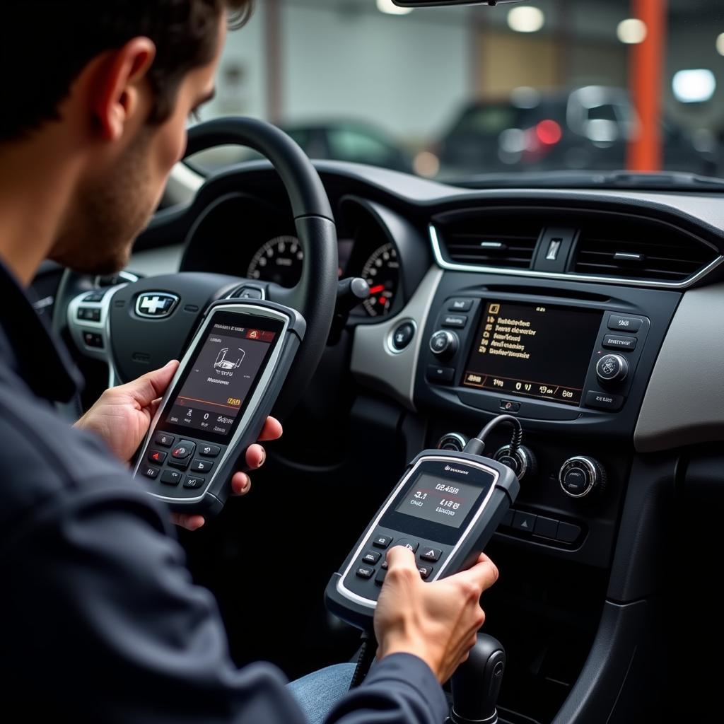 Mechanic Using Diagnostic Equipment on a Car