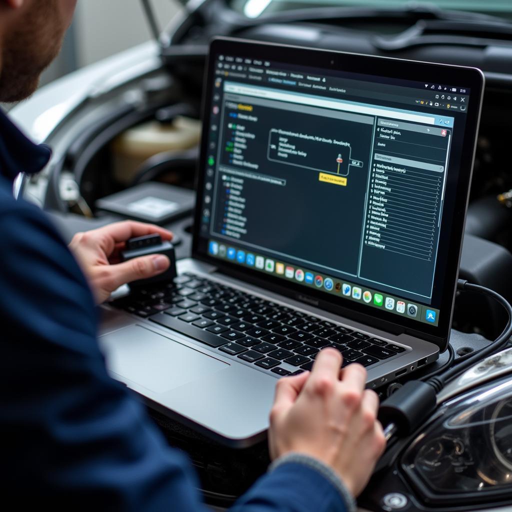 Mechanic using advanced diagnostic software