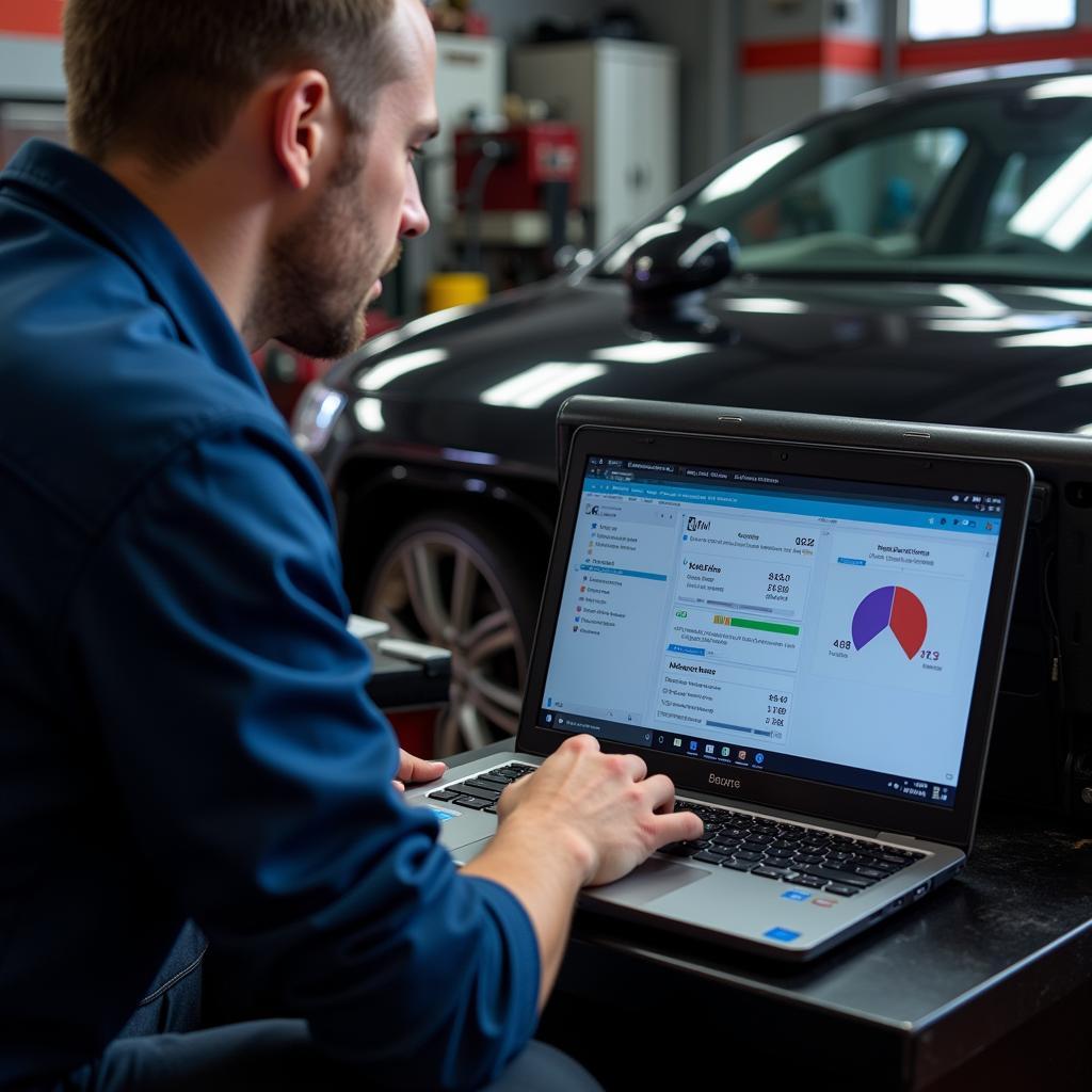 Mechanic Using Diagnostic Software on Electric Vehicle